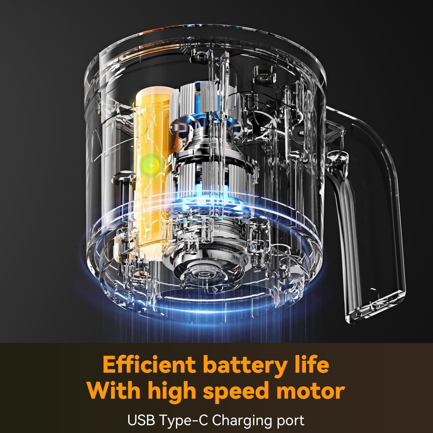 Protable Food Processor 6 in 1 Hand Blender 2000mAh, Handheld Blender Stainless Steel Blade With 300ml Mixing Beaker, Vegetable Slicer,Meat Chopper, Whisk and Milk Frother