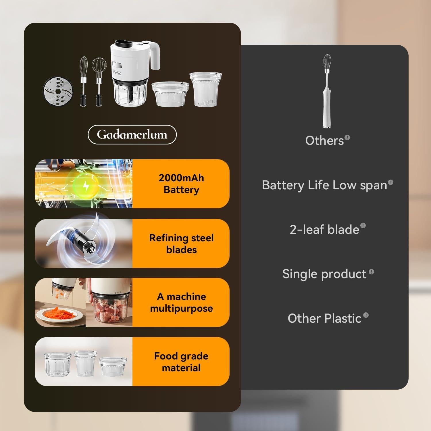 Protable Food Processor 6 in 1 Hand Blender 2000mAh, Handheld Blender Stainless Steel Blade With 300ml Mixing Beaker, Vegetable Slicer,Meat Chopper, Whisk and Milk Frother