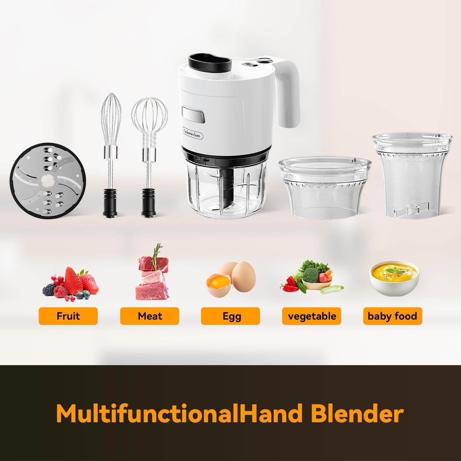 Protable Food Processor 6 in 1 Hand Blender 2000mAh, Handheld Blender Stainless Steel Blade With 300ml Mixing Beaker, Vegetable Slicer,Meat Chopper, Whisk and Milk Frother