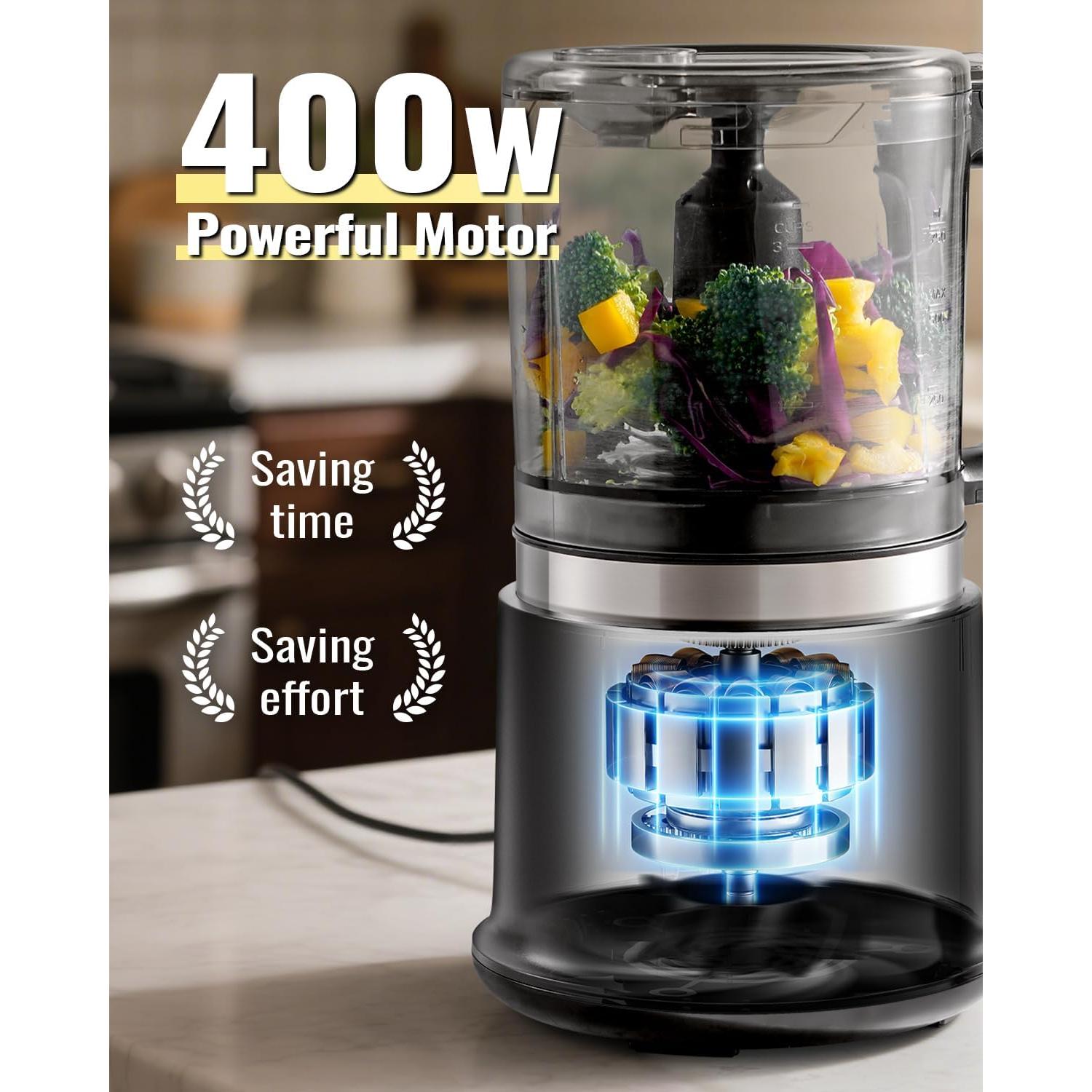 Food Chopper, 4 Cup Fast Food Processor, Electric Meat Grinder with 2 Speed, 4 Stainless Steel Blades, and Whisk, 400W Power for Chopping, Mixing, Emulsifying, Puree and Whisking, BPA-Free