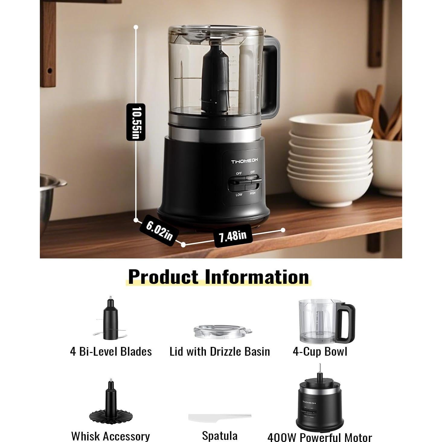 Food Chopper, 4 Cup Fast Food Processor, Electric Meat Grinder with 2 Speed, 4 Stainless Steel Blades, and Whisk, 400W Power for Chopping, Mixing, Emulsifying, Puree and Whisking, BPA-Free