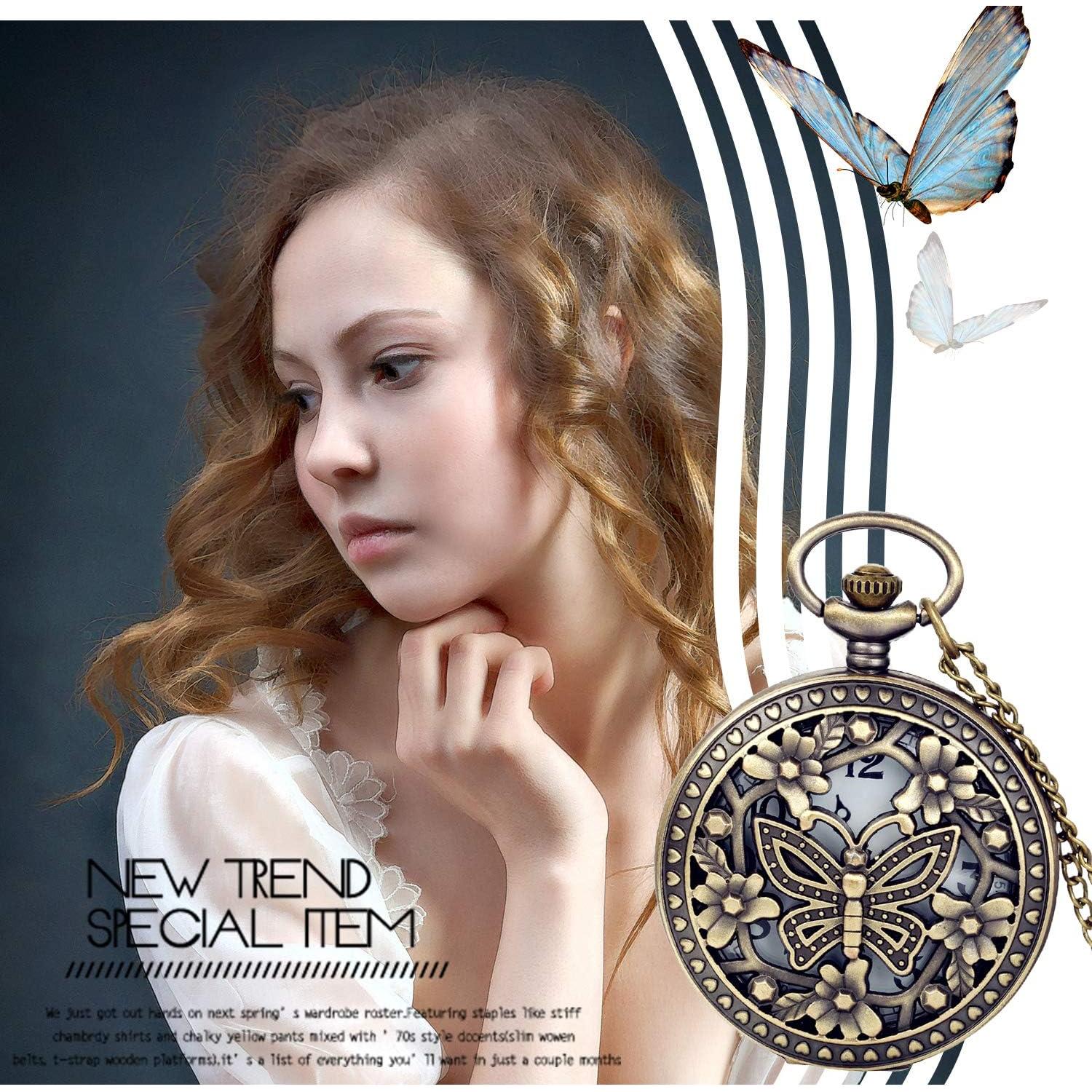 Reloj de bolsillo Avaner retro bronce con flores caladas