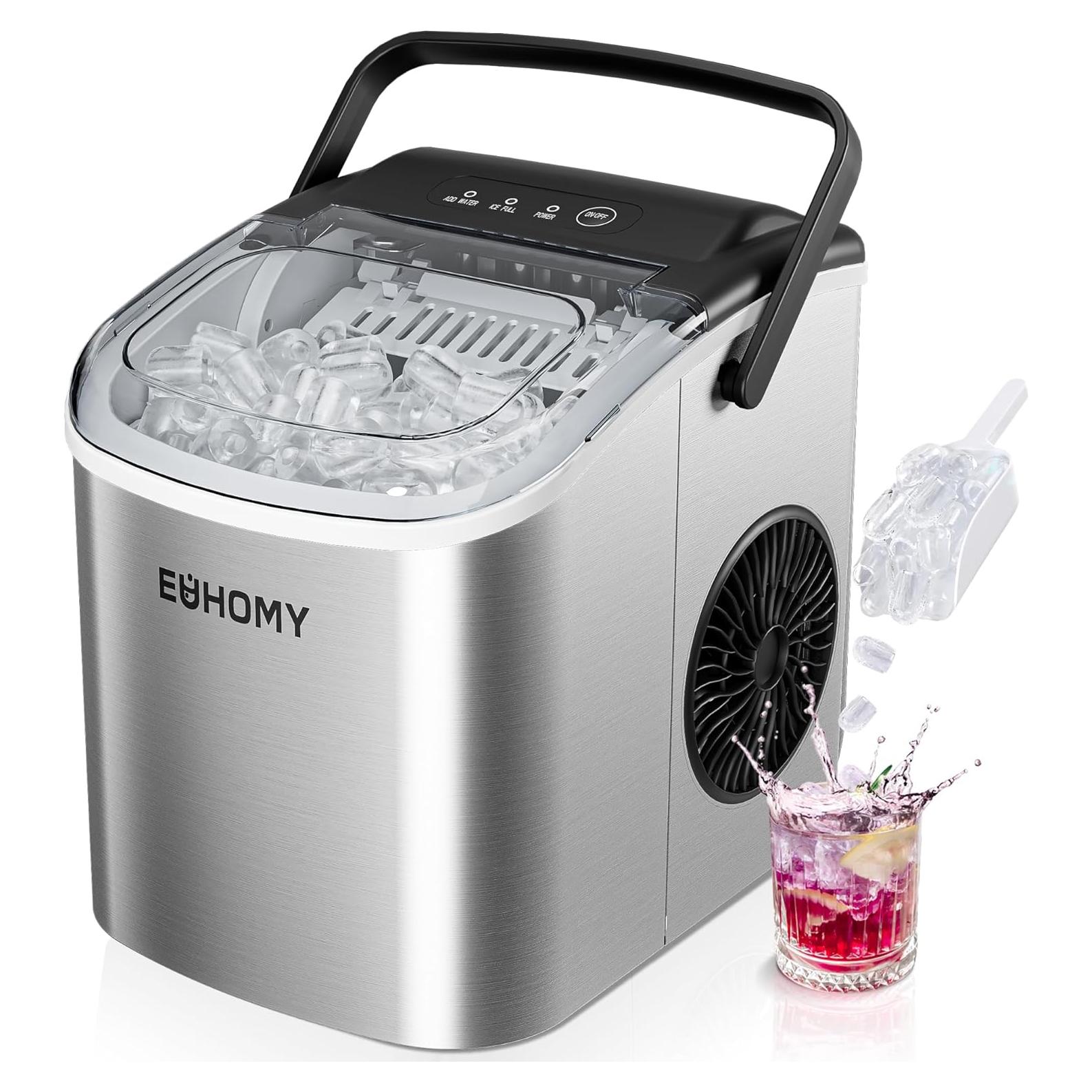 Máquina de Hielo EUHOMY Portátil 26 kg/día, Auto-Limpieza