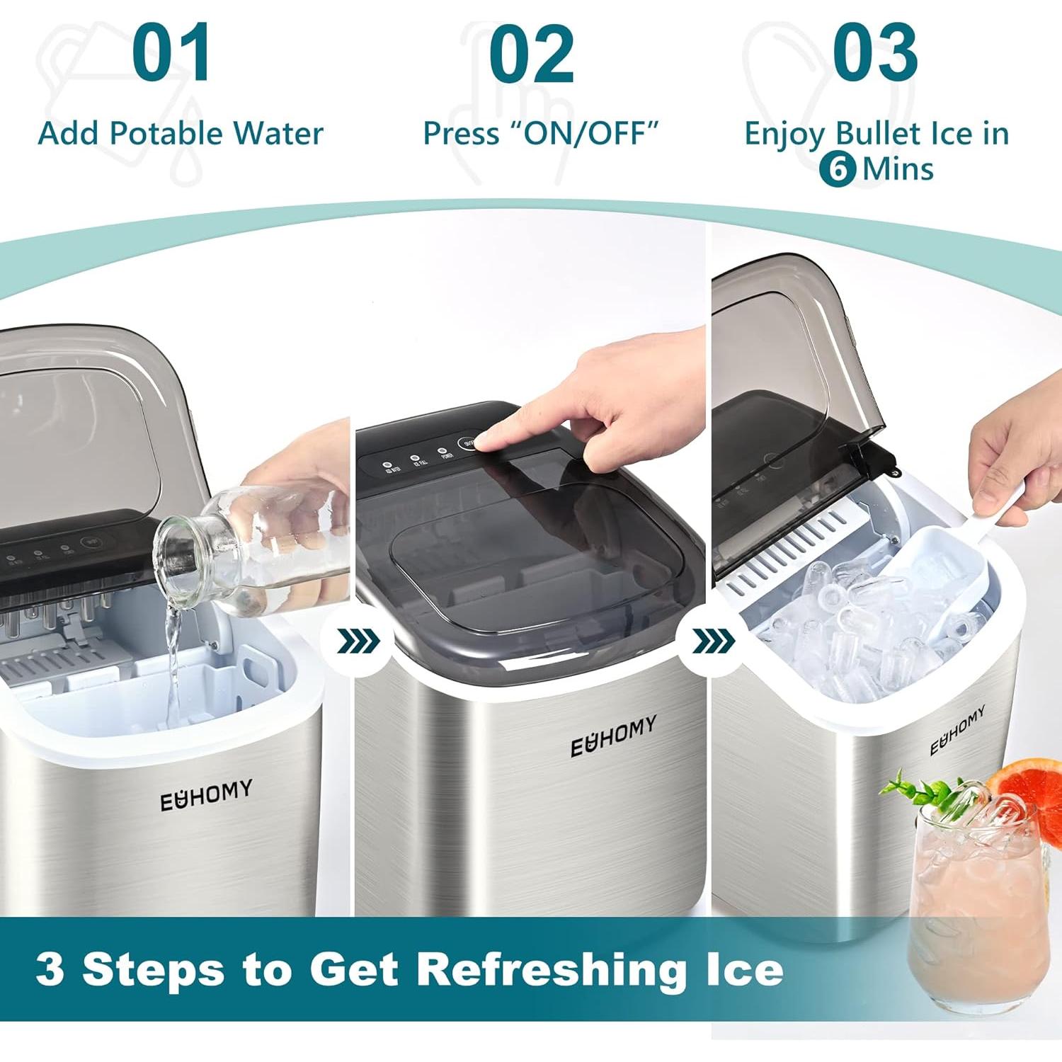 Máquina de Hielo EUHOMY Portátil 26 kg/día, Auto-Limpieza