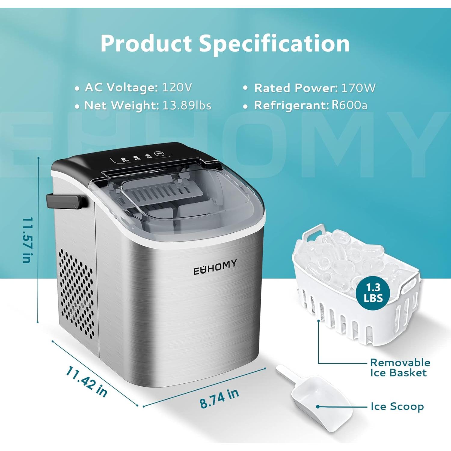 Máquina de Hielo EUHOMY Portátil 26 kg/día, Auto-Limpieza