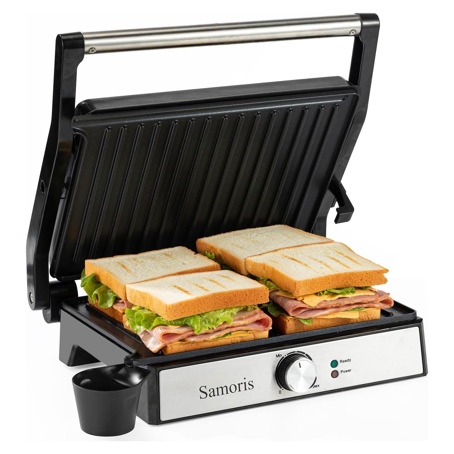 Samoris Panini Press Grill Indoor Sandwich Maker with Temperature Setting,4 Slice Non-stick Coated Plates Versatile Grill, Opens 180 Degrees,Indicator Light, Locking Lid,Easy to Storage 1600W