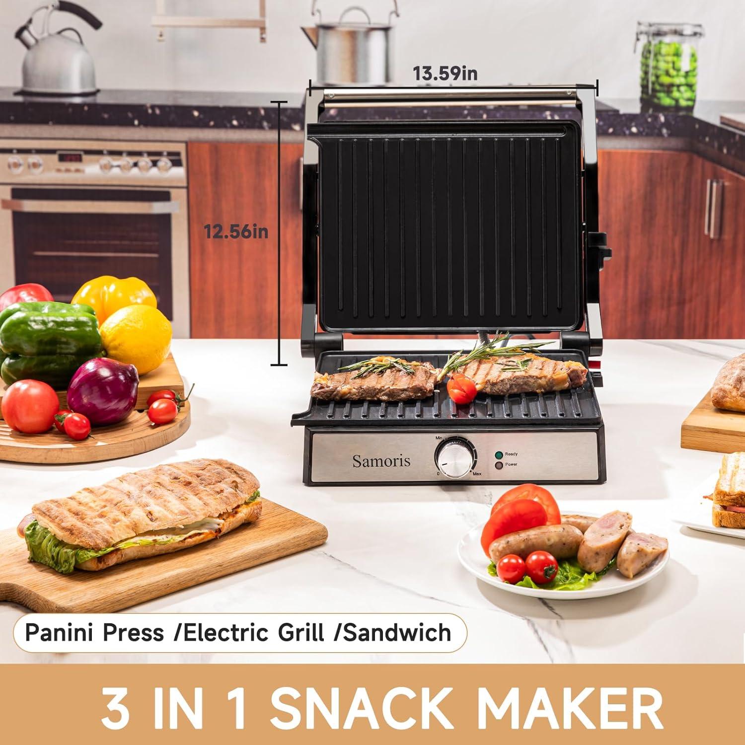 Samoris Panini Press Grill Indoor Sandwich Maker with Temperature Setting,4 Slice Non-stick Coated Plates Versatile Grill, Opens 180 Degrees,Indicator Light, Locking Lid,Easy to Storage 1600W