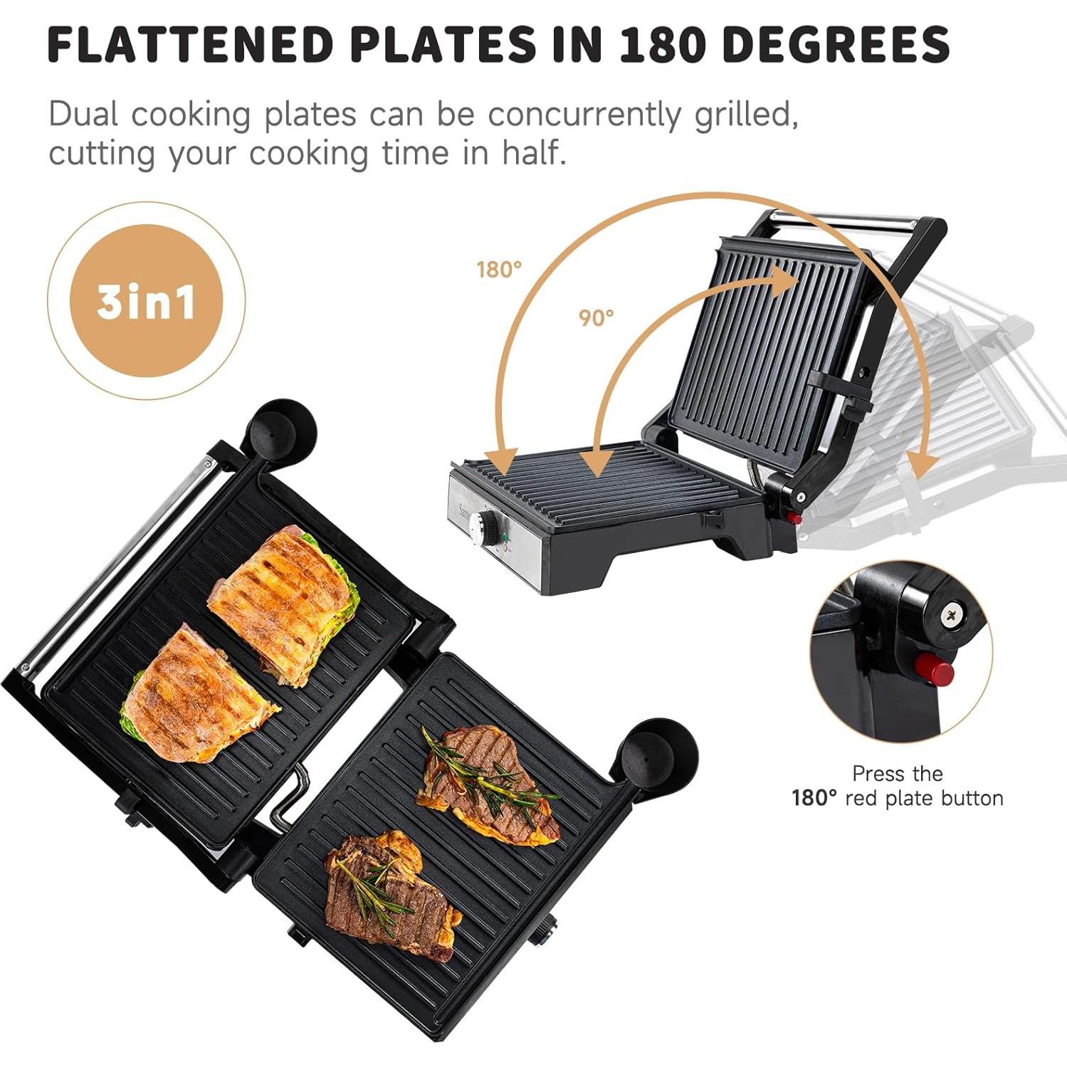 Samoris Panini Press Grill Indoor Sandwich Maker with Temperature Setting,4 Slice Non-stick Coated Plates Versatile Grill, Opens 180 Degrees,Indicator Light, Locking Lid,Easy to Storage 1600W