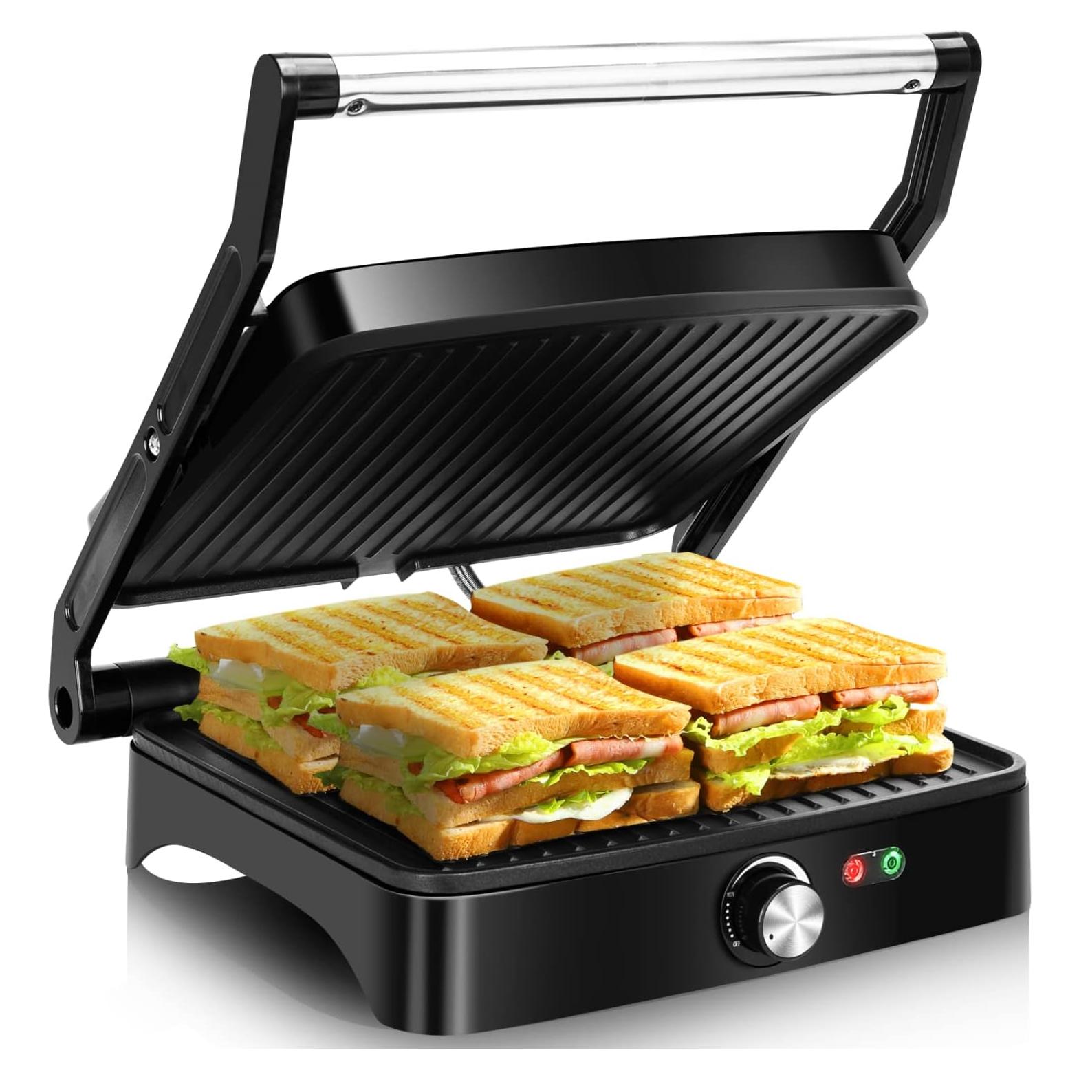 Aigostar Panini Press Grill, 4 Slice 1200W Sandwich Maker with Non-Stick Plates, Temperature Control, Opens 180 Degrees Indoor Grill, Removable Drip Tray, Indicator Lights, cool touch handle.