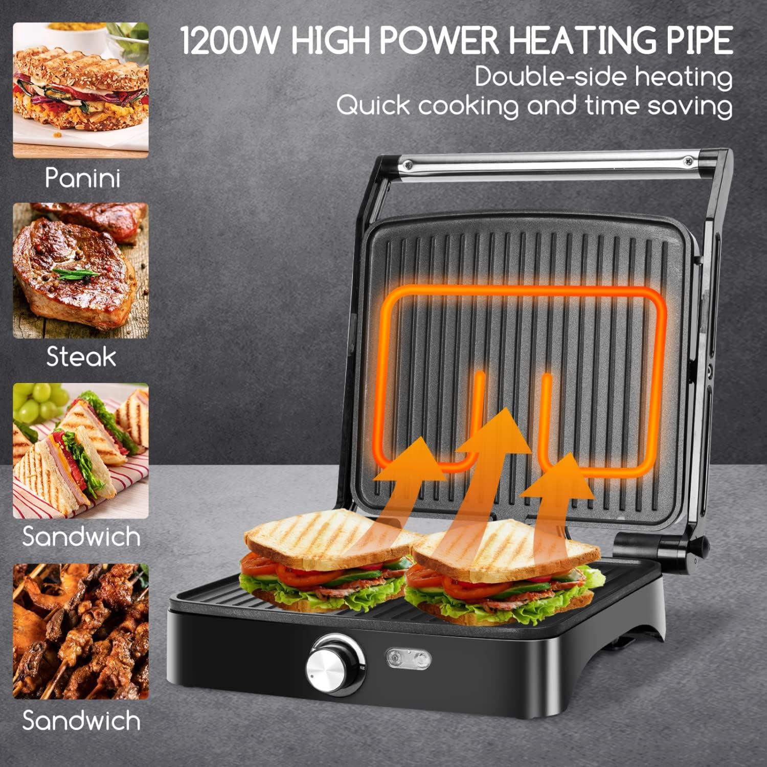 Aigostar Panini Press Grill, 4 Slice 1200W Sandwich Maker with Non-Stick Plates, Temperature Control, Opens 180 Degrees Indoor Grill, Removable Drip Tray, Indicator Lights, cool touch handle.