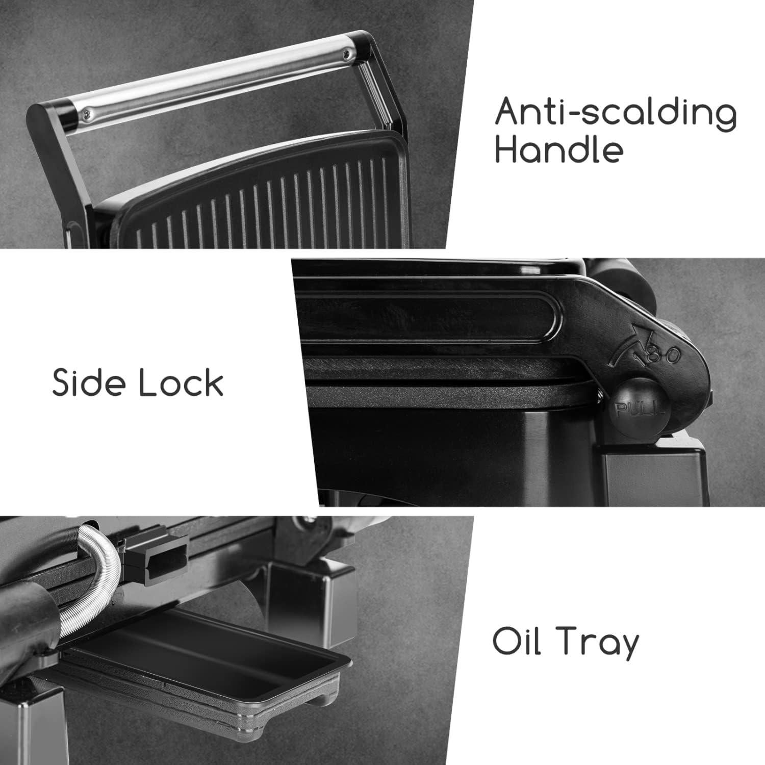 Aigostar Panini Press Grill, 4 Slice 1200W Sandwich Maker with Non-Stick Plates, Temperature Control, Opens 180 Degrees Indoor Grill, Removable Drip Tray, Indicator Lights, cool touch handle.