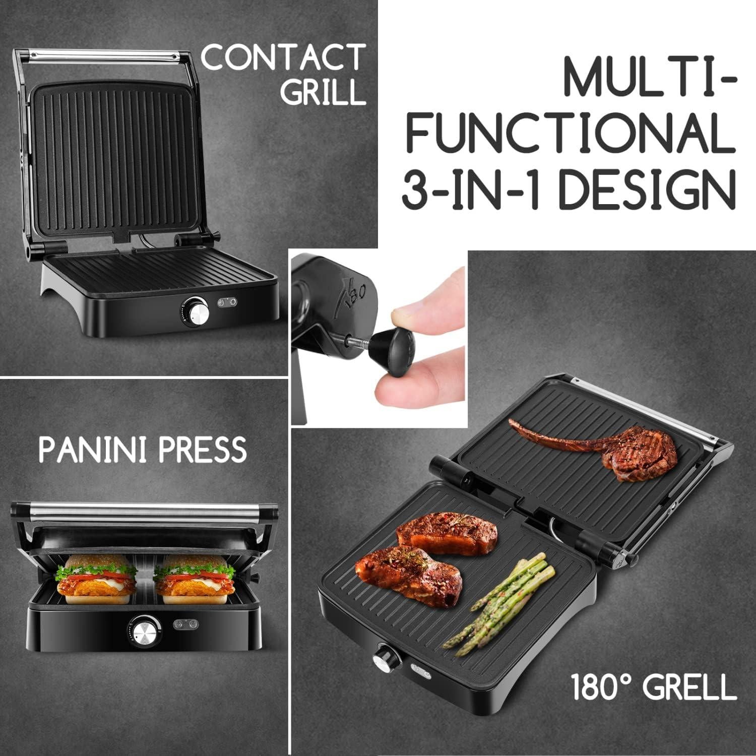 Aigostar Panini Press Grill, 4 Slice 1200W Sandwich Maker with Non-Stick Plates, Temperature Control, Opens 180 Degrees Indoor Grill, Removable Drip Tray, Indicator Lights, cool touch handle.