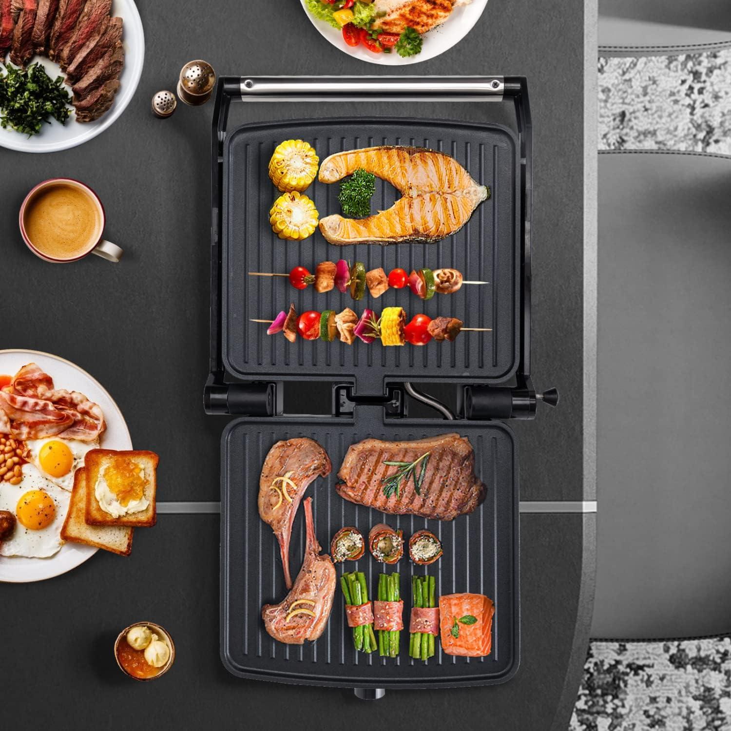 Aigostar Panini Press Grill, 4 Slice 1200W Sandwich Maker with Non-Stick Plates, Temperature Control, Opens 180 Degrees Indoor Grill, Removable Drip Tray, Indicator Lights, cool touch handle.