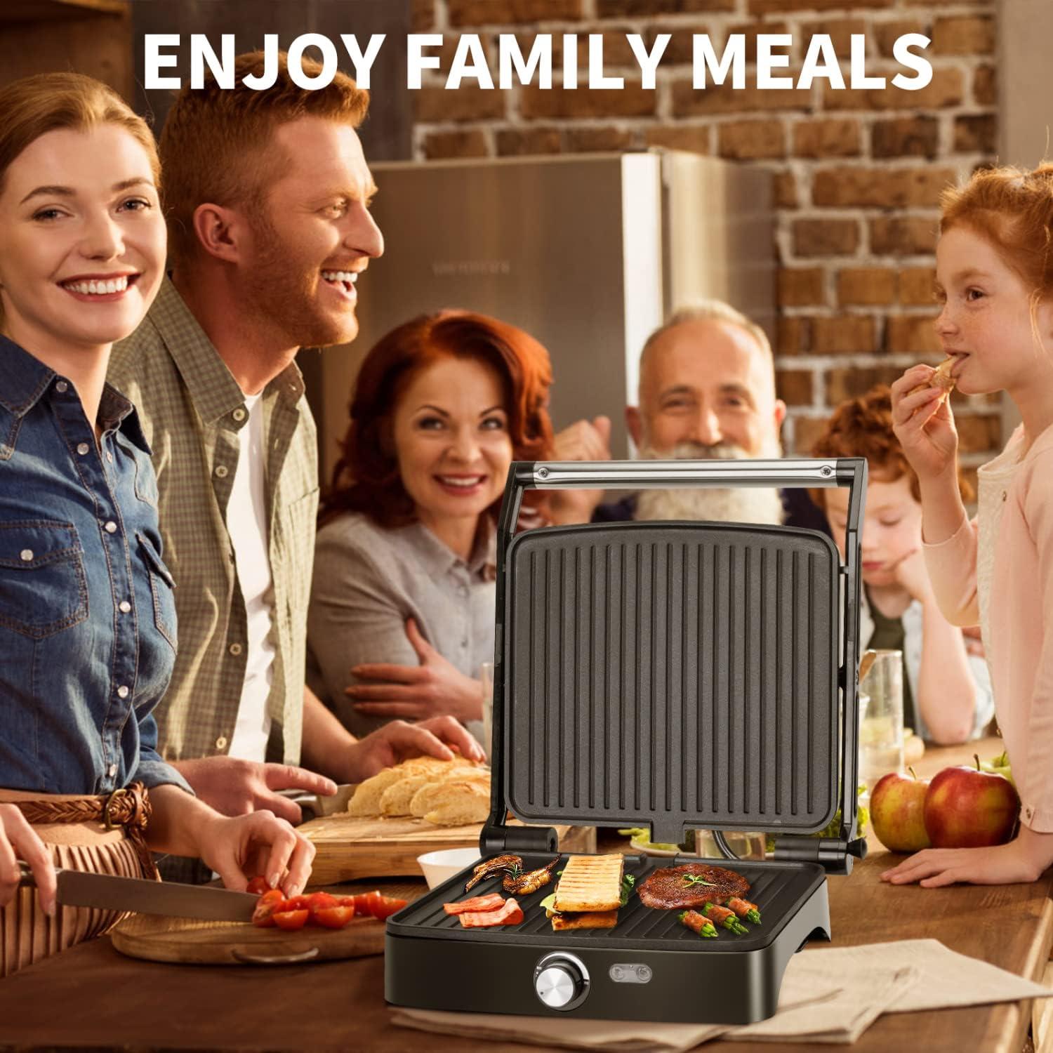 Aigostar Panini Press Grill, 4 Slice 1200W Sandwich Maker with Non-Stick Plates, Temperature Control, Opens 180 Degrees Indoor Grill, Removable Drip Tray, Indicator Lights, cool touch handle.