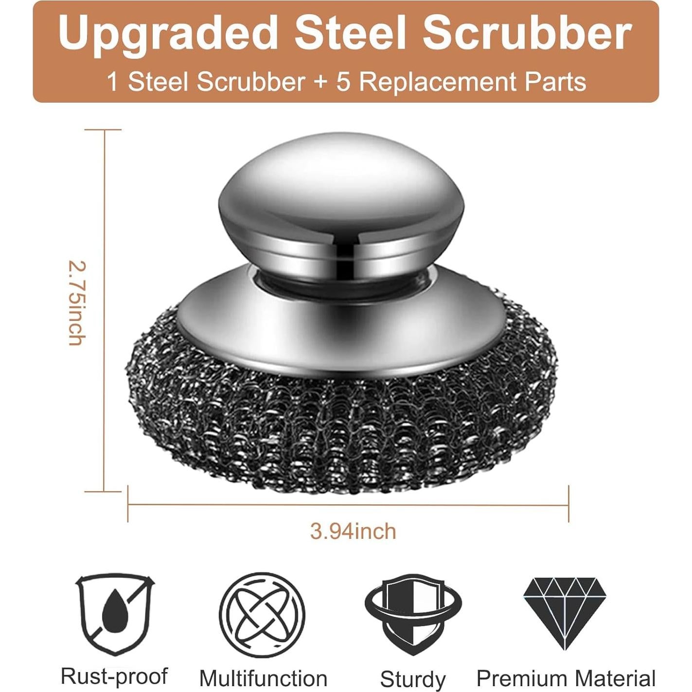 Estropajo de acero inoxidable Yniquet con mango y 5 repuestos