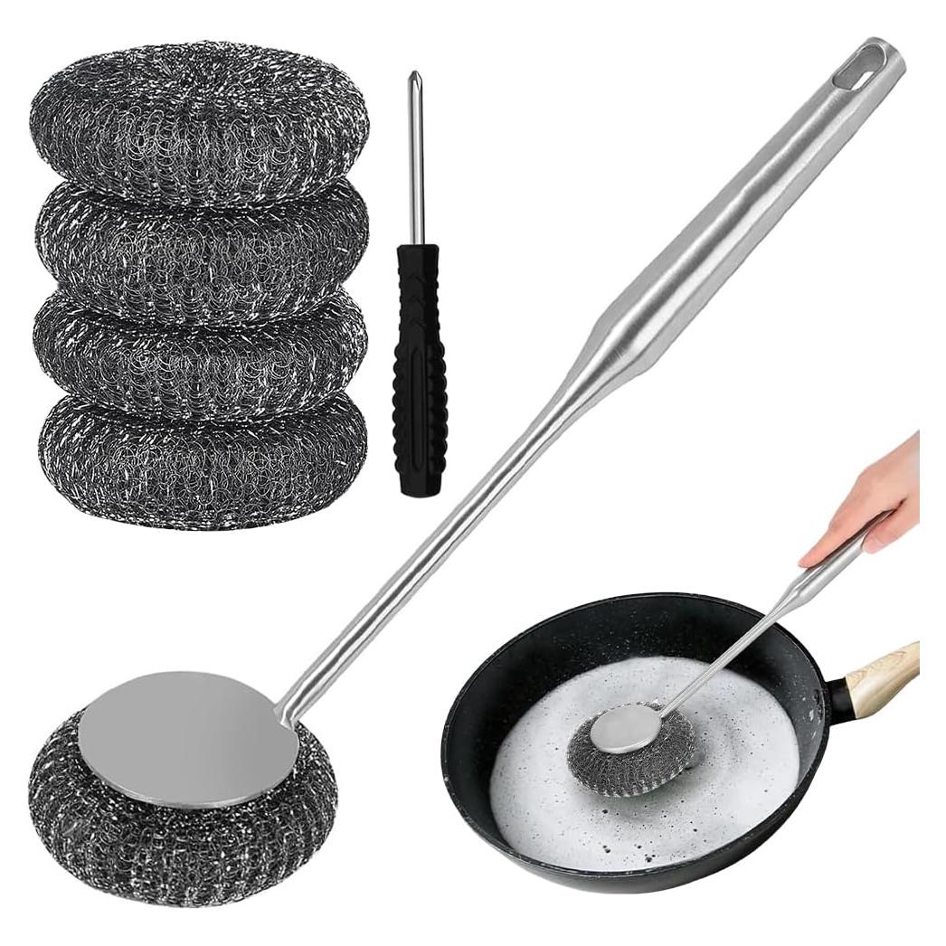 Estropajo de acero inoxidable PXIRQ con mango 6 piezas