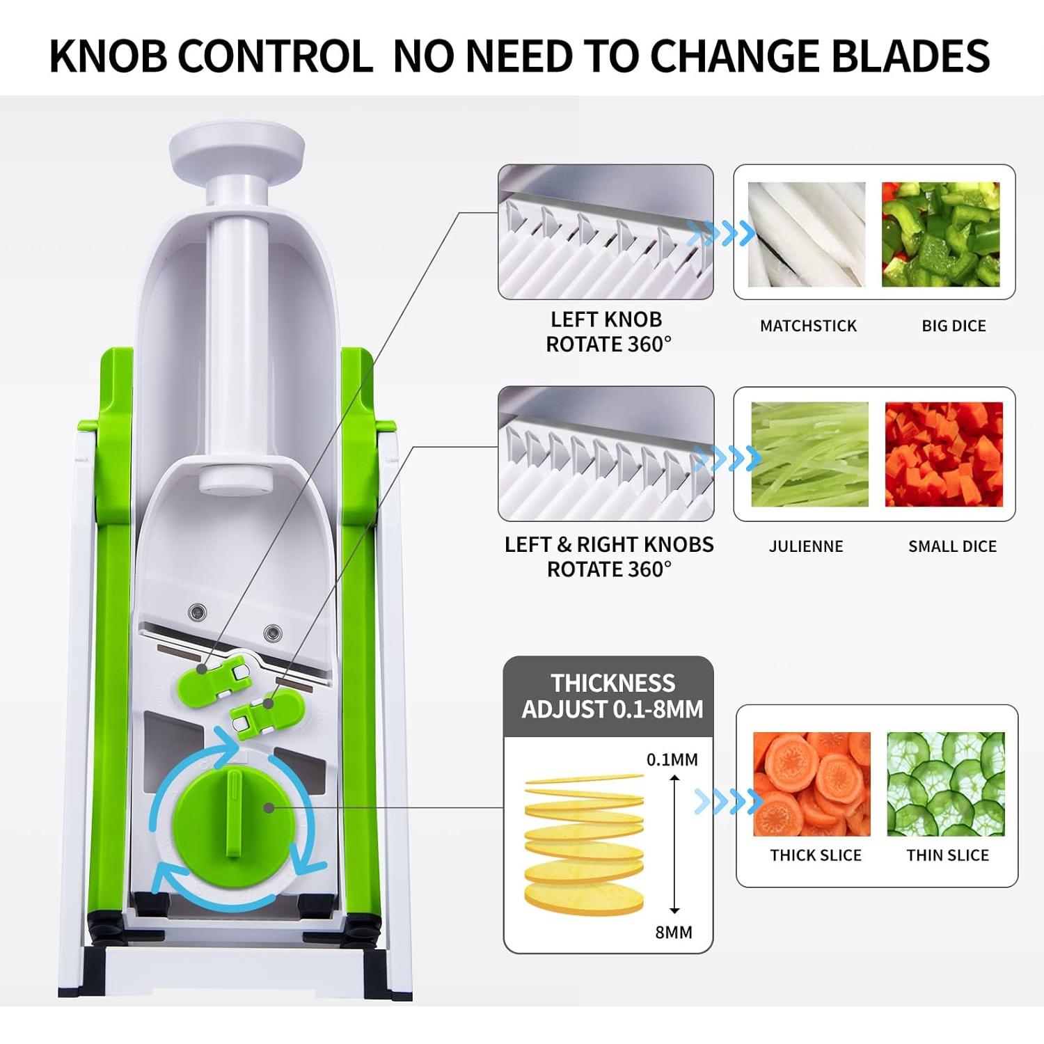 Rebanador Mandolina QYKIC 5 en 1 Ajustable 0.1-8 mm Verde