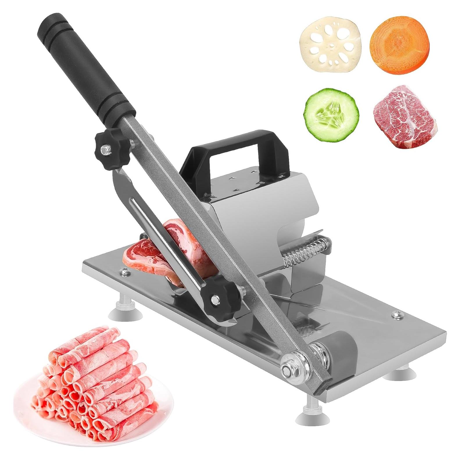 Manual Meat Slicer - Stainless Steel Frozen Meat & Vegetable Cutter Machine for Beef, Mutton, Potato - Adjustable Thickness Home Kitchen Slicing Tool with Non-Slip Base frozen meat slicer