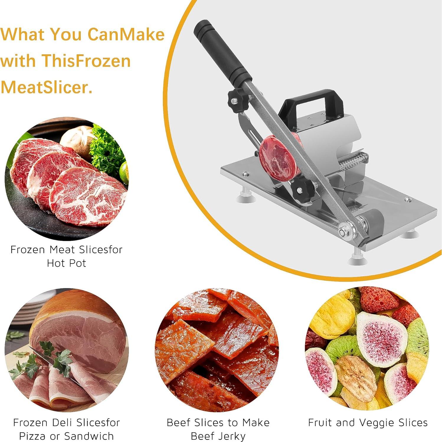 Manual Meat Slicer - Stainless Steel Frozen Meat & Vegetable Cutter Machine for Beef, Mutton, Potato - Adjustable Thickness Home Kitchen Slicing Tool with Non-Slip Base frozen meat slicer