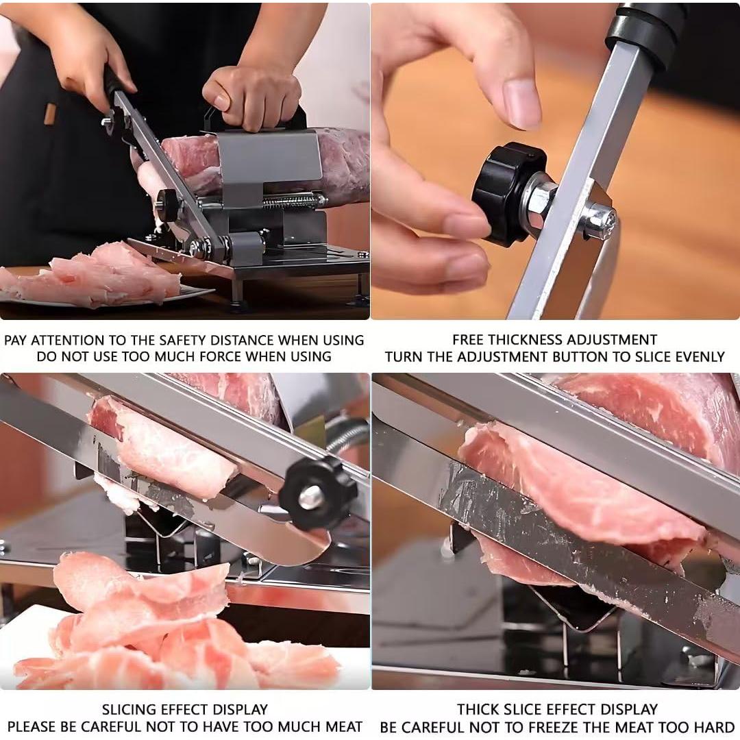 Manual Meat Slicer - Stainless Steel Frozen Meat & Vegetable Cutter Machine for Beef, Mutton, Potato - Adjustable Thickness Home Kitchen Slicing Tool with Non-Slip Base frozen meat slicer