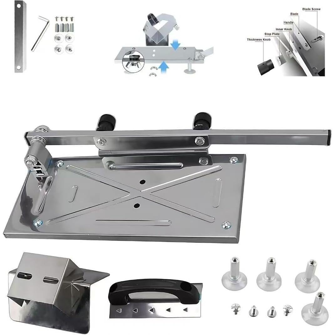 Manual Meat Slicer - Stainless Steel Frozen Meat & Vegetable Cutter Machine for Beef, Mutton, Potato - Adjustable Thickness Home Kitchen Slicing Tool with Non-Slip Base frozen meat slicer