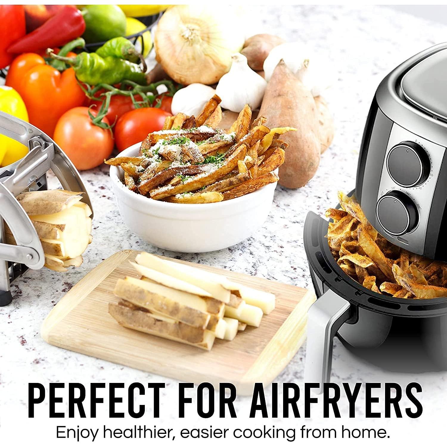 POP AirFry Mate, Commercial Grade Stainless Steel French Fry Cutter, Vegetable and Potato Slicer, 2 Blade Sizes, Non-Slip Suction Base, Perfect for Air Fryer (Not for Sweet Potatoes)