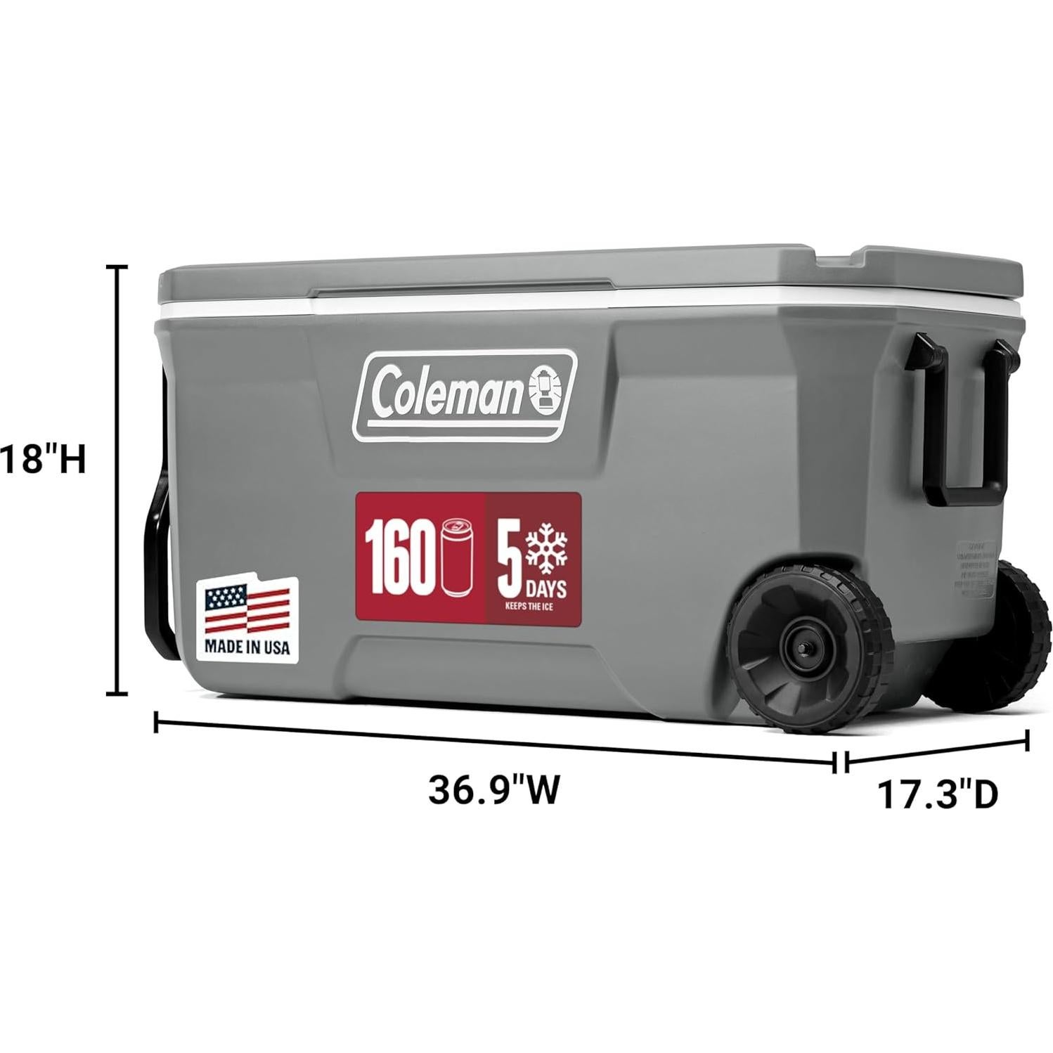 Enfriador portátil rodante Coleman 100qt gris, mantiene hielo 5 días