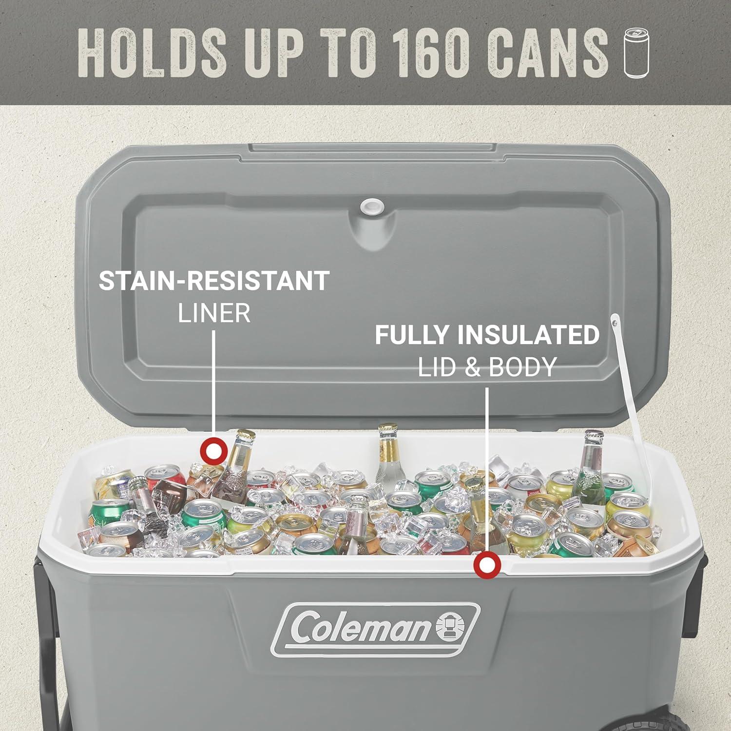 Enfriador portátil rodante Coleman 100qt gris, mantiene hielo 5 días