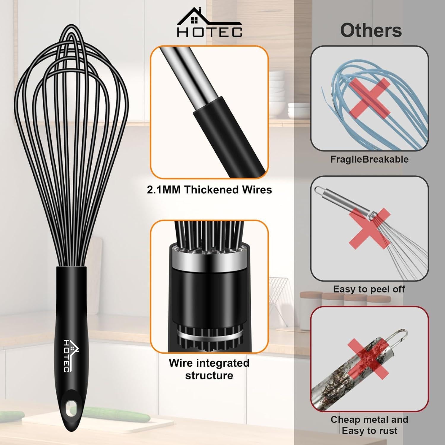 Juego de 4 batidores de silicona HOTEC, 30-12 cm, negro