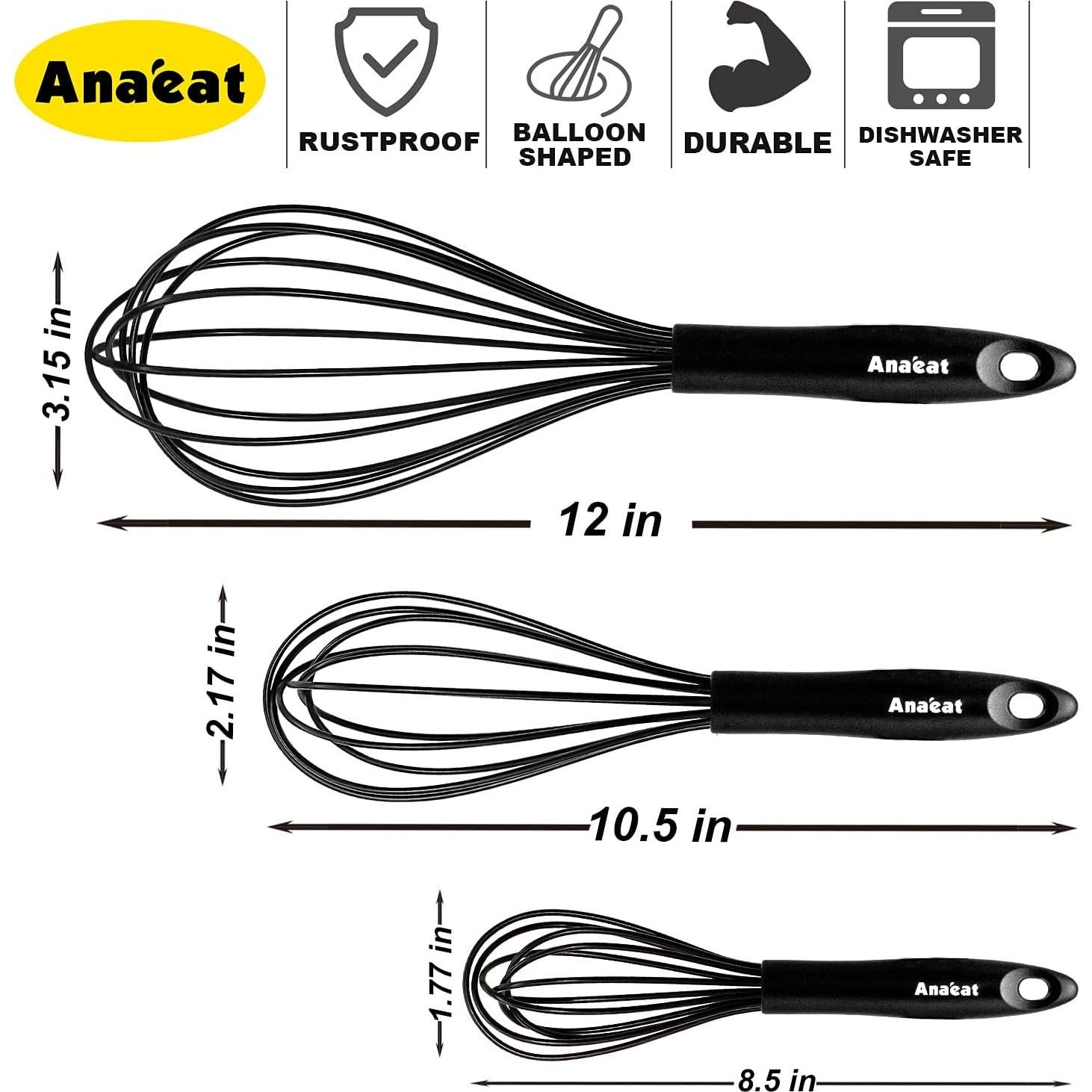 Batidor de Silicona Anaeat 3 Pcs Negro, Resistente al Calor