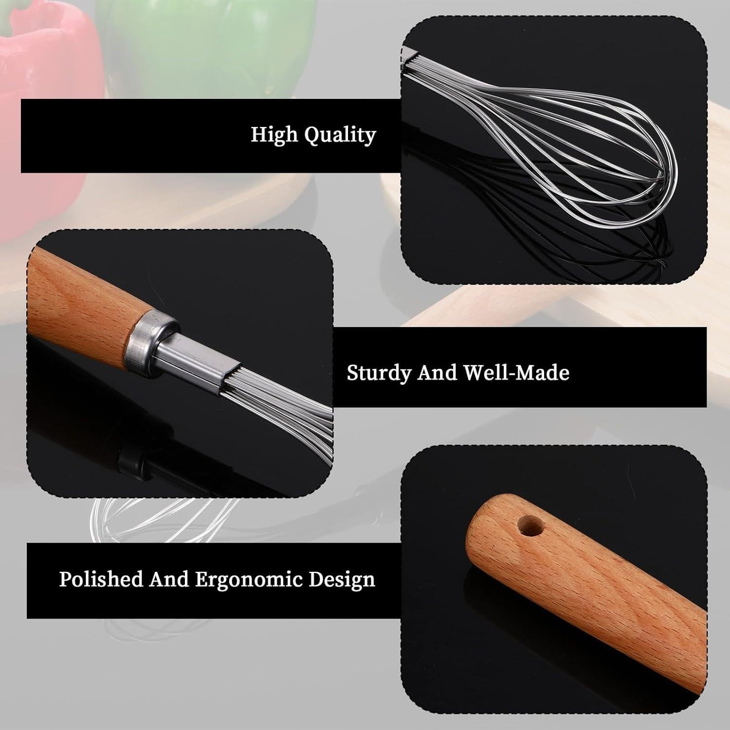 3 PCS Batidores de Mano EupHHonycs Acero Inoxidable Madera