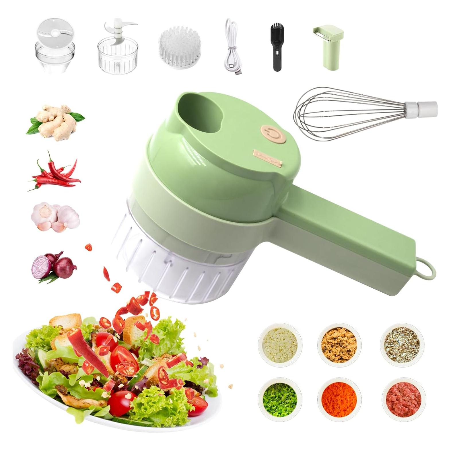 AXEDAES 4 in 1 Multi-Functional Portable Electric Vegetable Cutter Set, Wireless Vegetable Processor for Garlic, Peppers, Onions, Celery, Ginger, Meat, With Brush, Comes with Egg & Cream Beater.