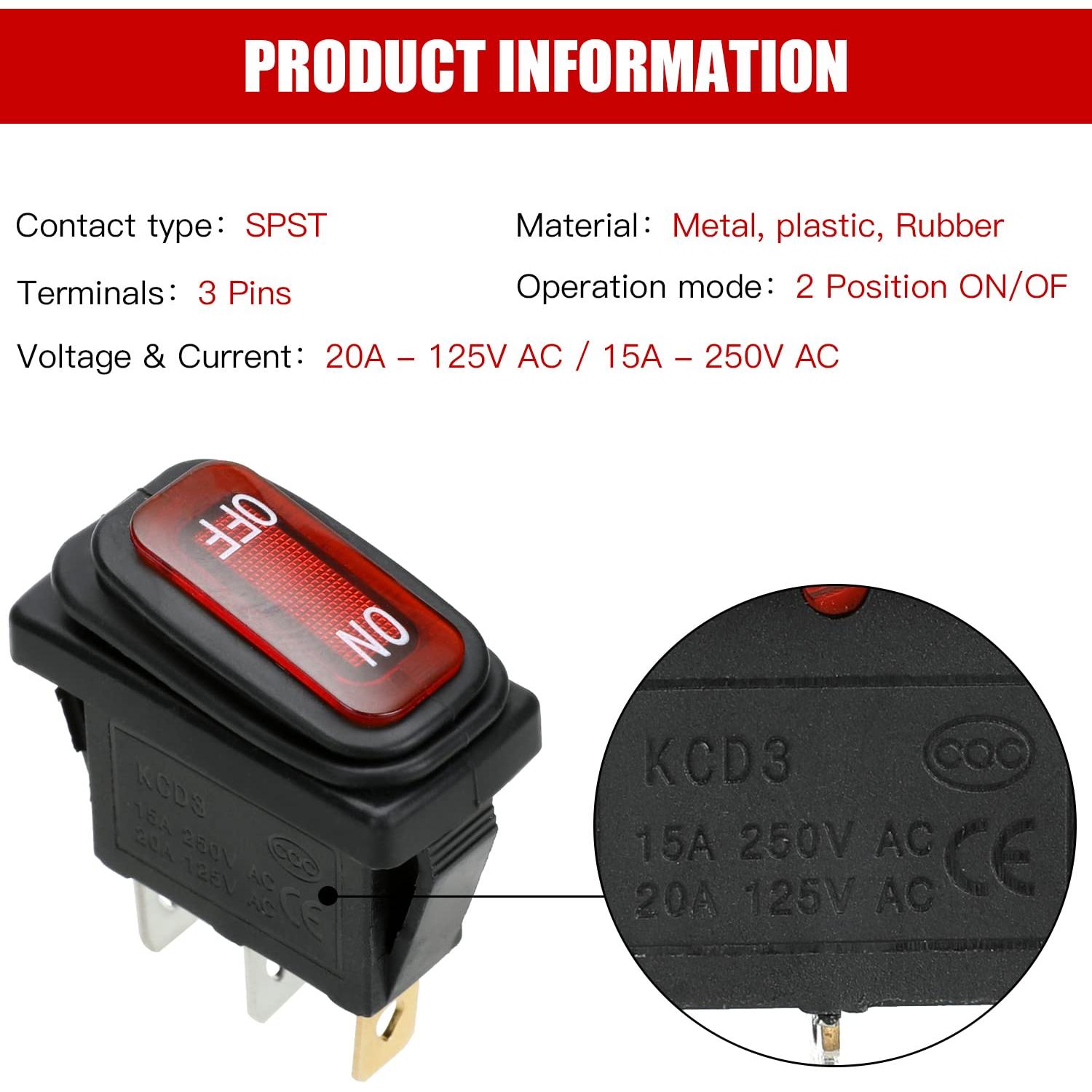 Interruptor encendido/apagado GREHUA KCD3 2 Pack 20A 250V