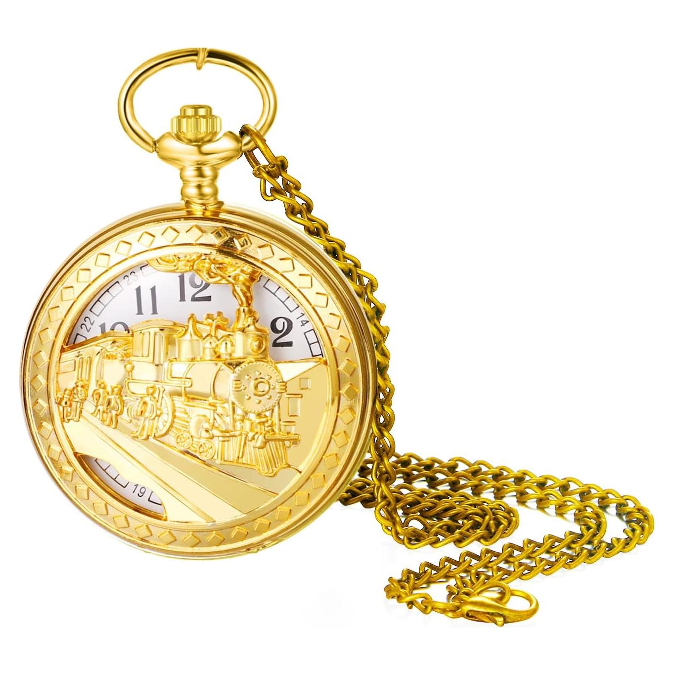 Reloj de bolsillo JewelryWe dorado vintage con cadena