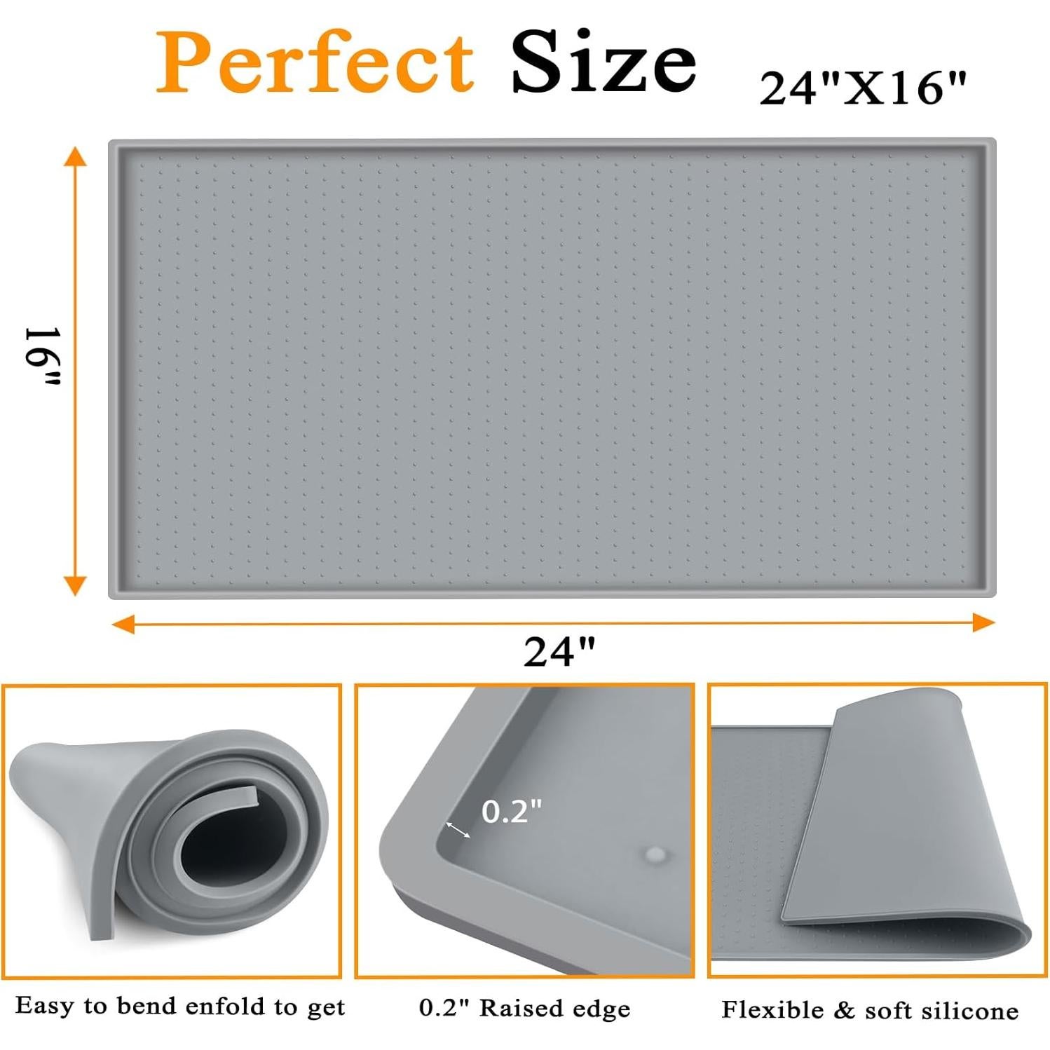 Water Cooler Dispenser Mat with Raised Edge for Foor Hardwood Floor and Countertop Protector, Water Cooler Mat Waterproof, Slip Resistant, Heat Resistant, Easy to Clean, 24" x 16", Grey