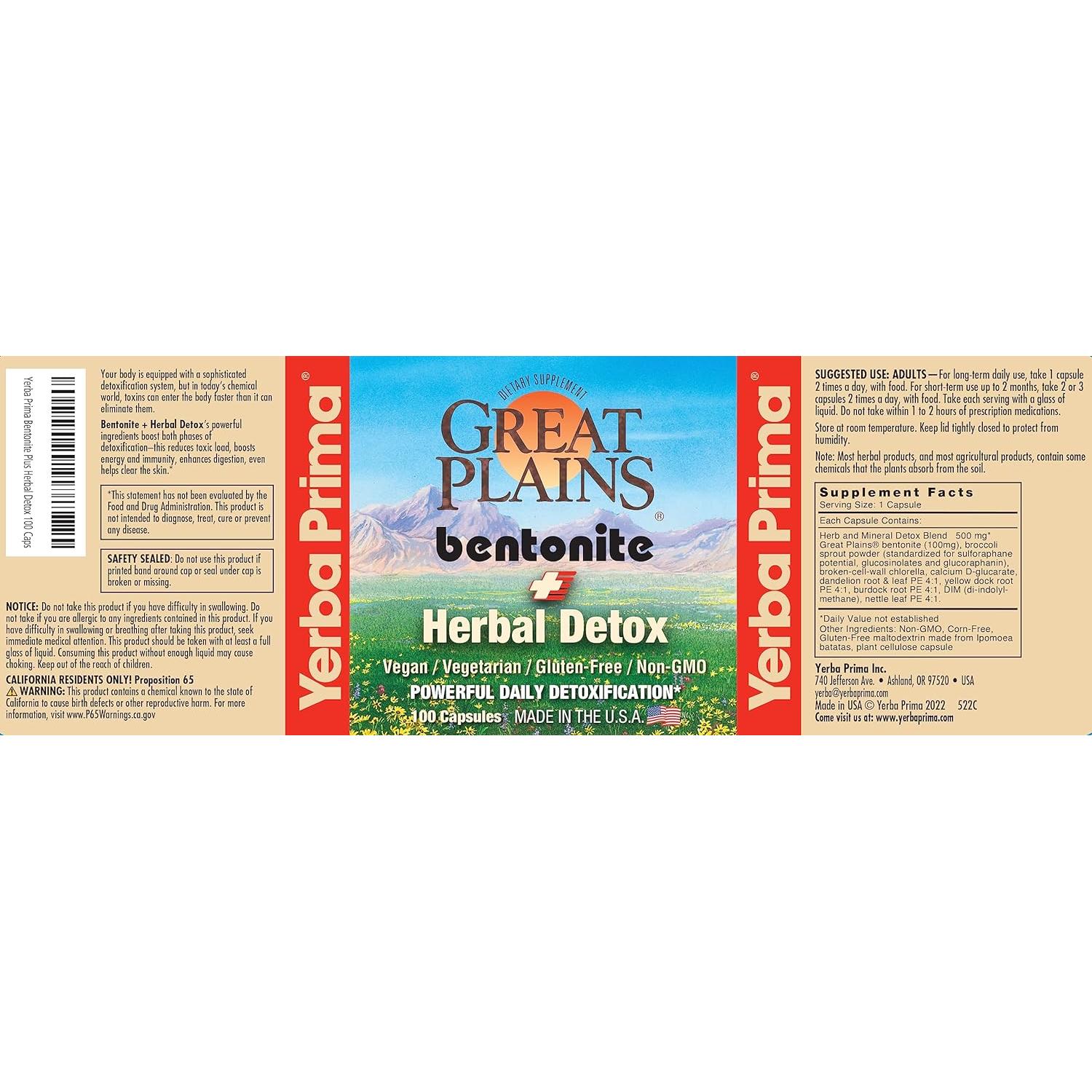 Yerba Prima Bentonita Detox 100 Cápsulas Veganas 100mg