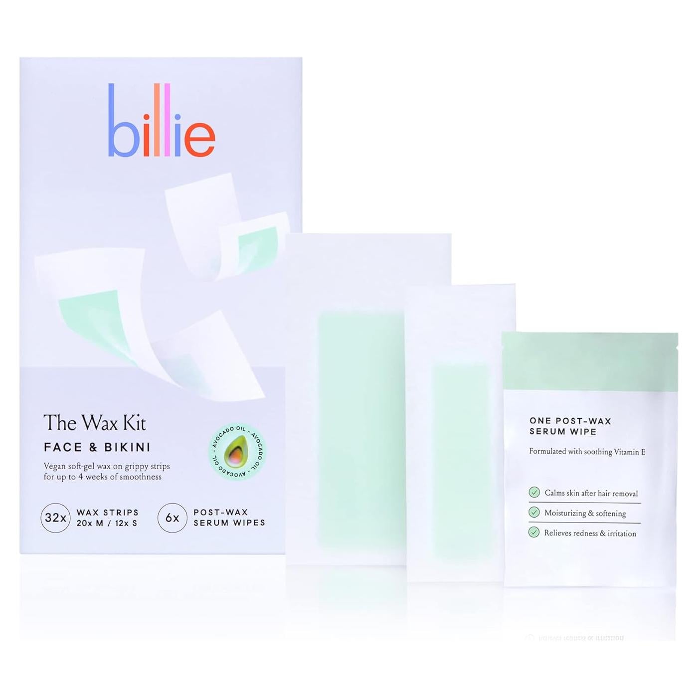 Kit de Cera Billie para Cara y Bikini - 32 Tiras + Toallitas