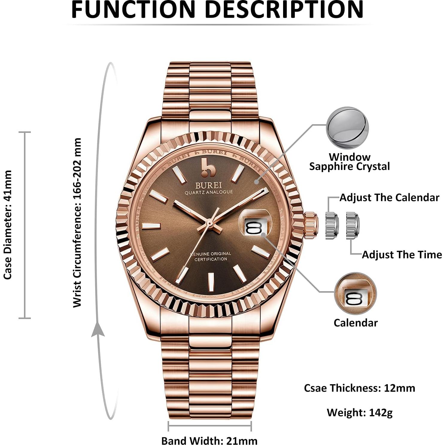 Reloj de lujo BUREI analógico acero inoxidable 50m agua