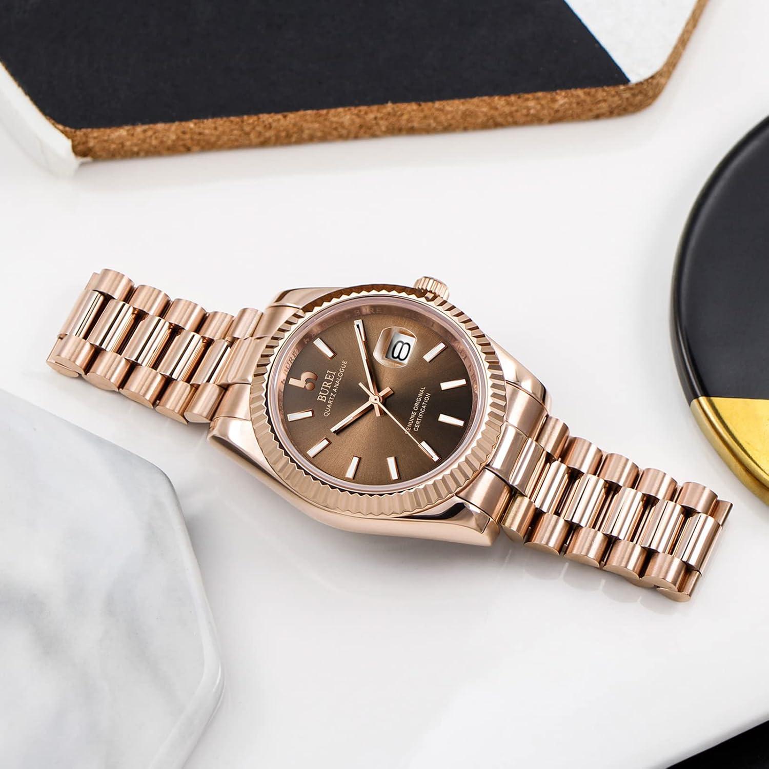 Reloj de lujo BUREI analógico acero inoxidable 50m agua