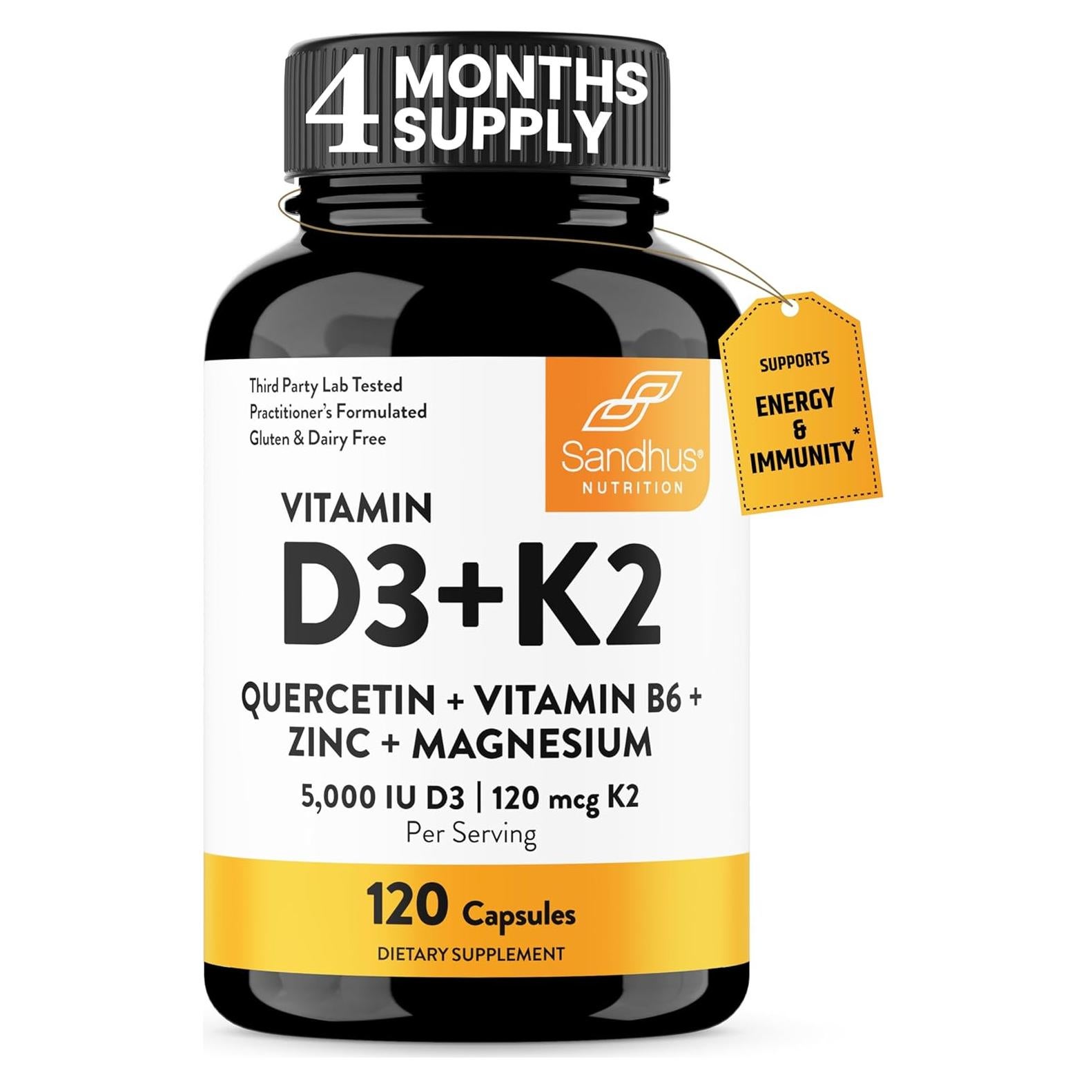 Cápsulas de Vitamina D3 K2 Magnesio Quercetina 5000 UI 120 Unidades