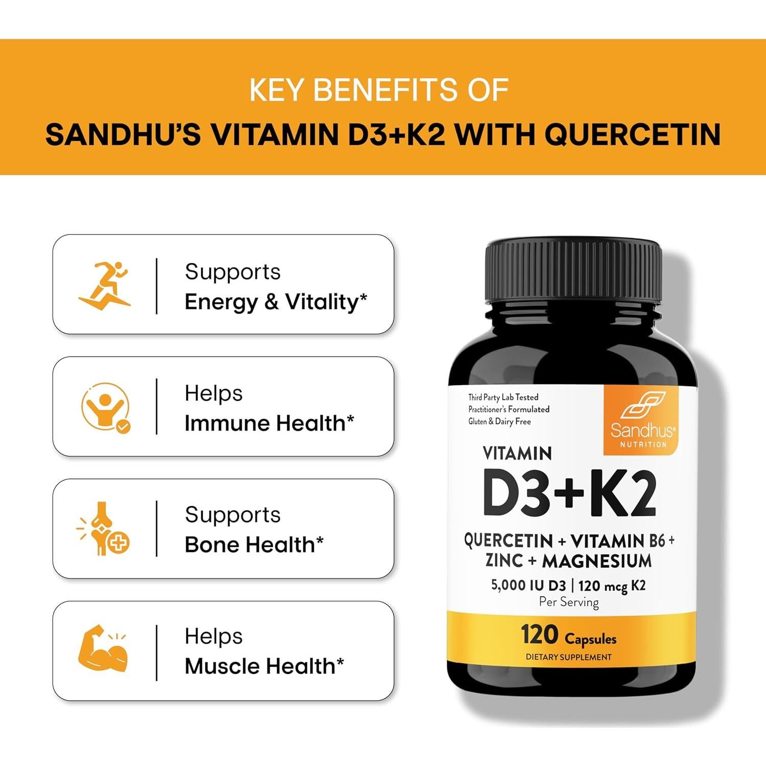 Cápsulas de Vitamina D3 K2 Magnesio Quercetina 5000 UI 120 Unidades