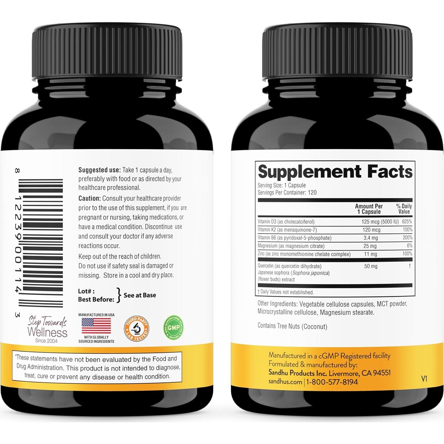 Cápsulas de Vitamina D3 K2 Magnesio Quercetina 5000 UI 120 Unidades