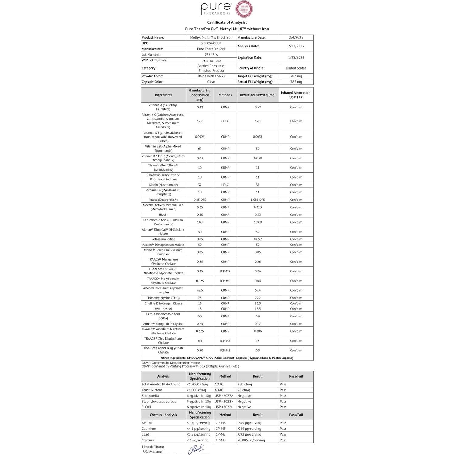 Multivitamínico Methyl Multi Sin Hierro Pure TheraPro 240 Cápsulas