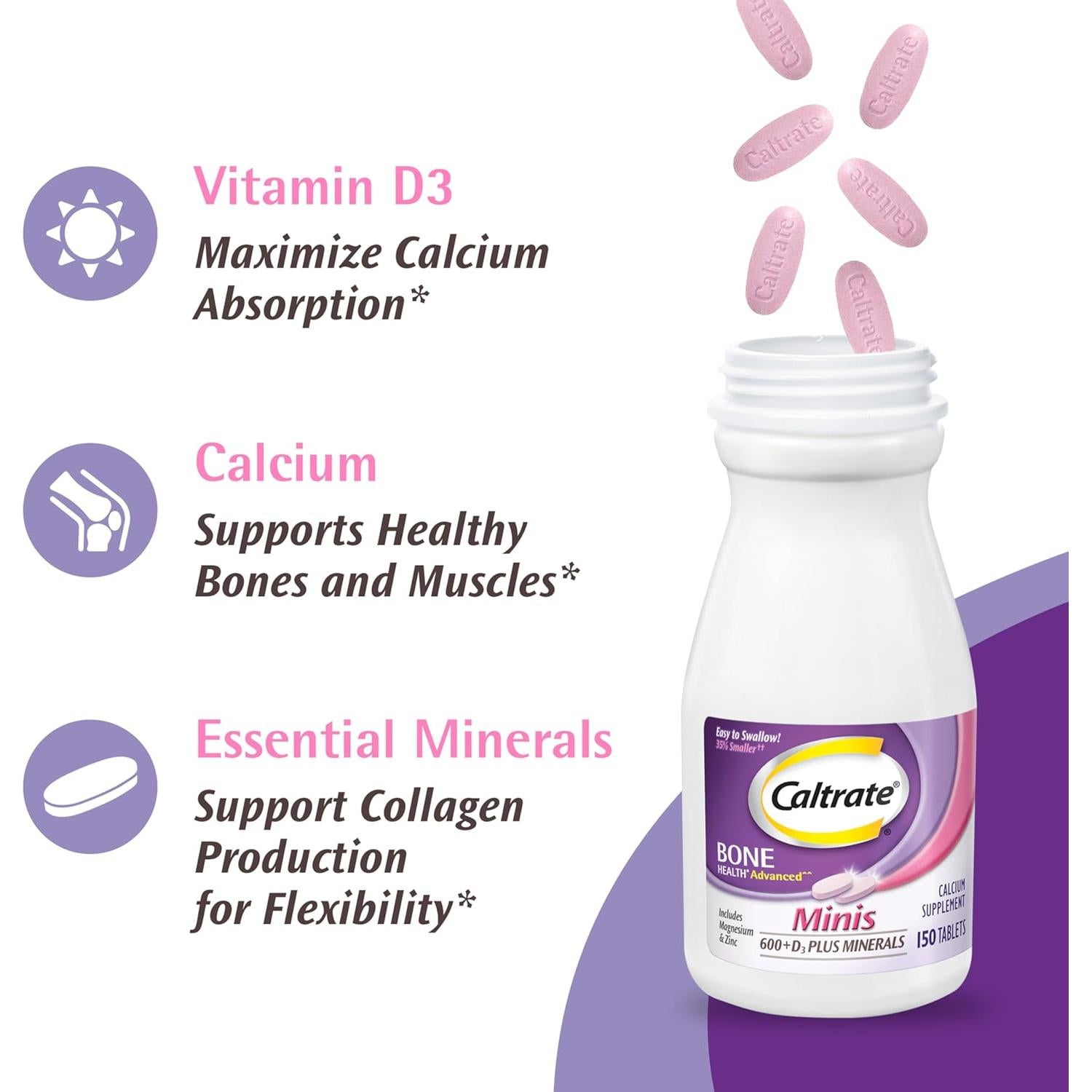 Caltrate Minis 600mg + D3 Suplemento de Calcio 150 Tabletas