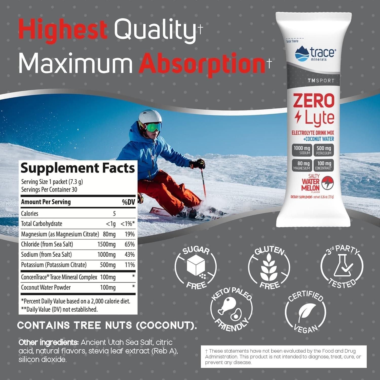 Trace Minerals ZeroLyte - Bebida en Polvo Electrolitos Sandía Salada - 30 Porciones