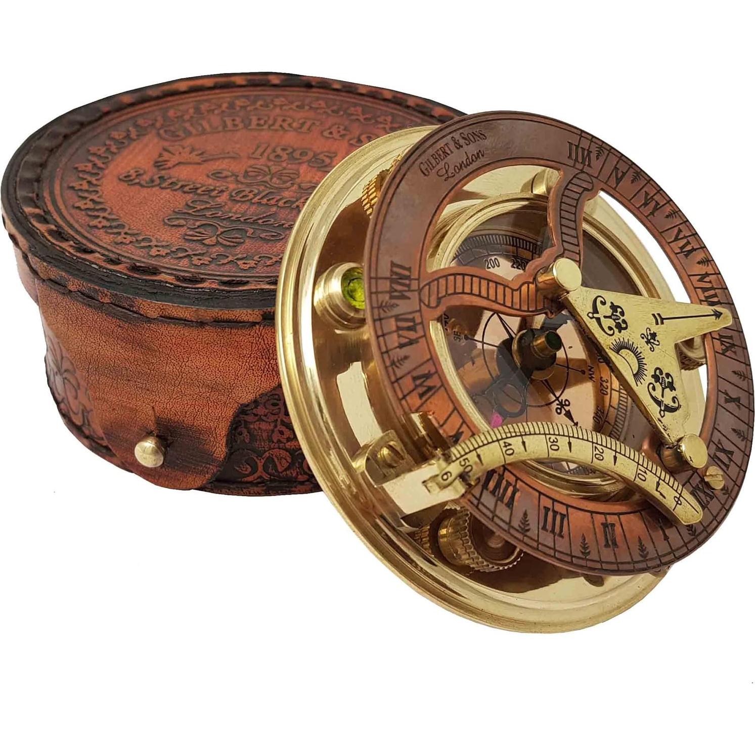 Brass Nautical Reloj de Sol Antiguo en Caja Regalo 9x9 cm