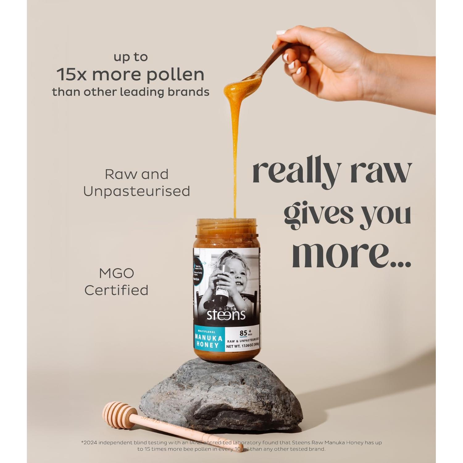 Miel de Manuka Steens MGO 85+ Cruda 499g Pura de Nueva Zelanda