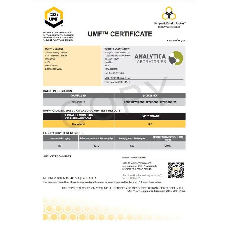 Miel de Manuka Yobees 250g UMF20+ Cruda y Orgánica