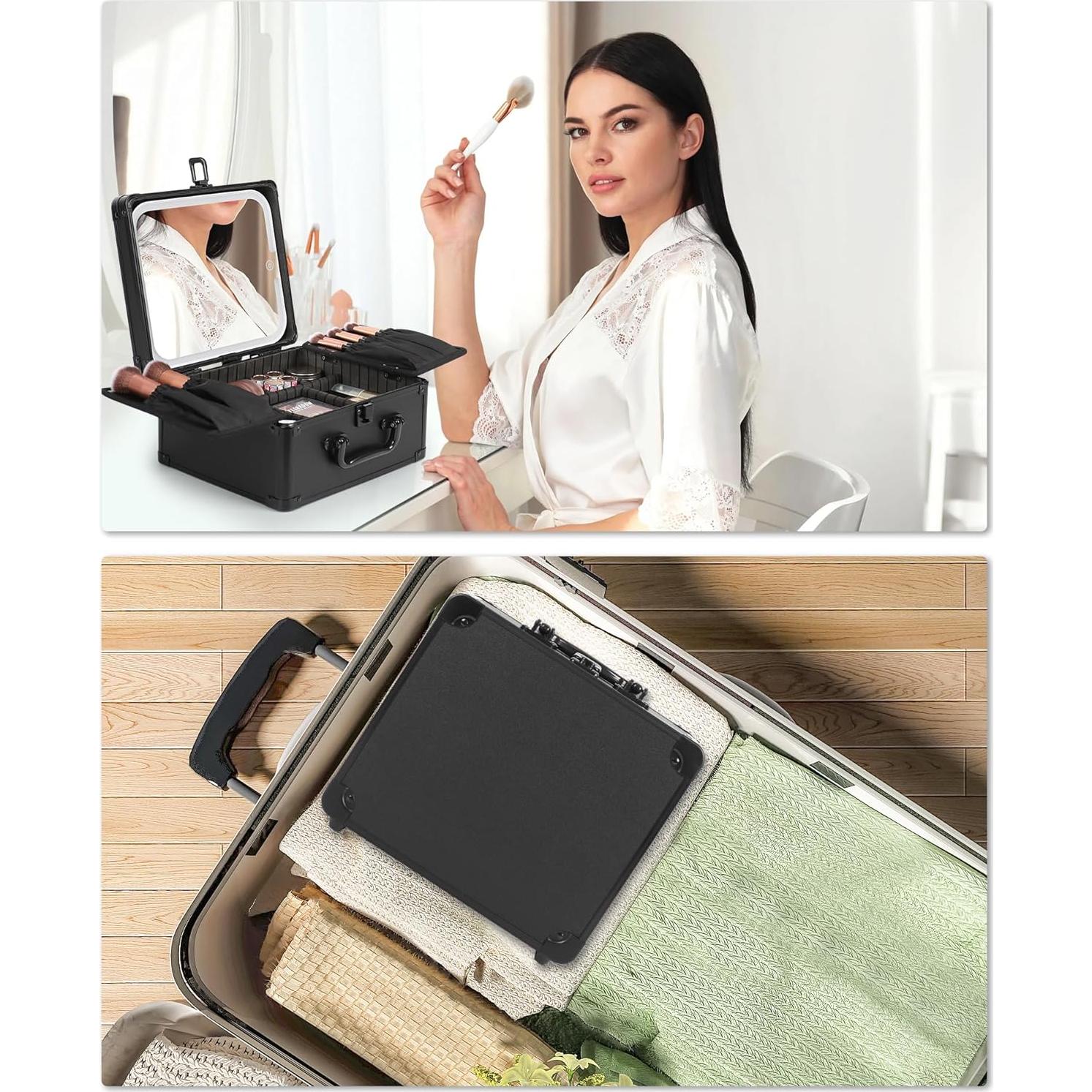 Bolsa de Maquillaje con Espejo LED Recargable 24.9x21.8cm