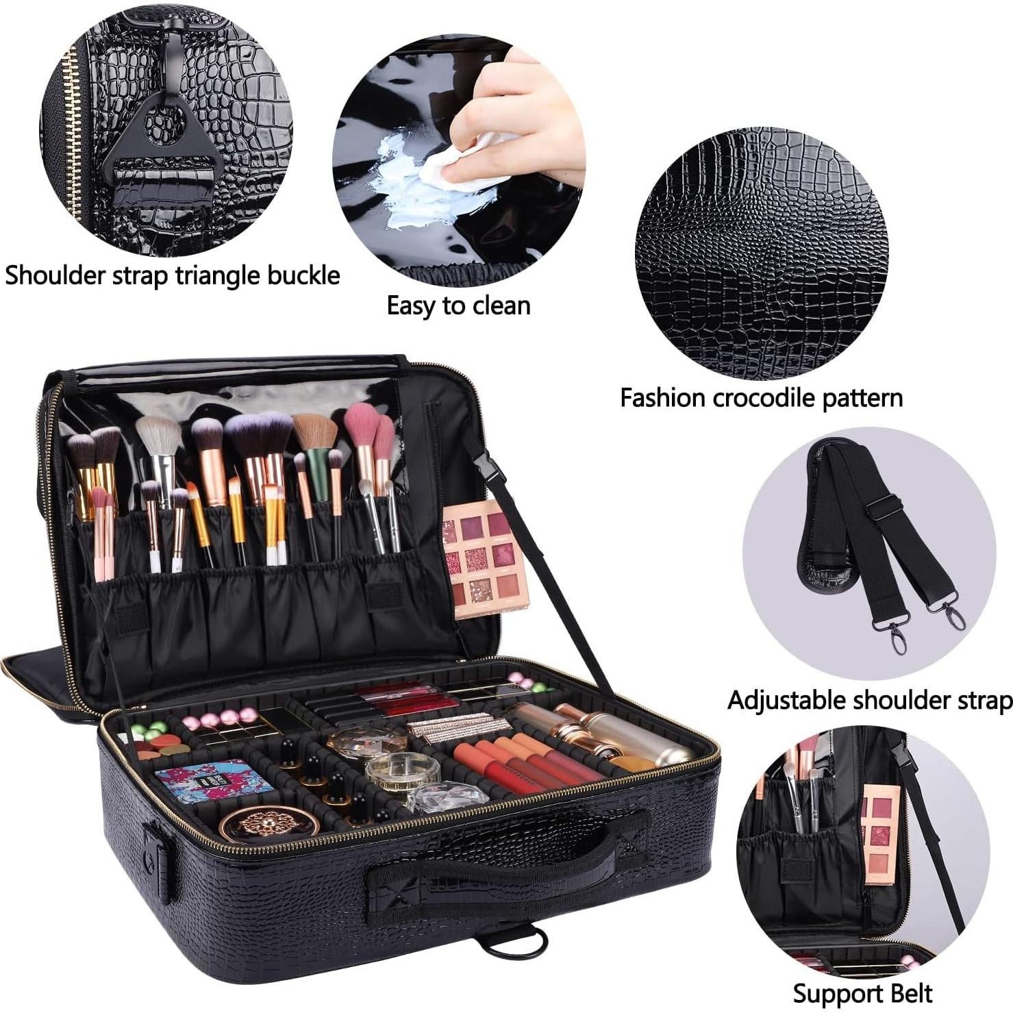 Estuche de Maquillaje Grande Oewoer Negro Cuero PU 41x29x14cm